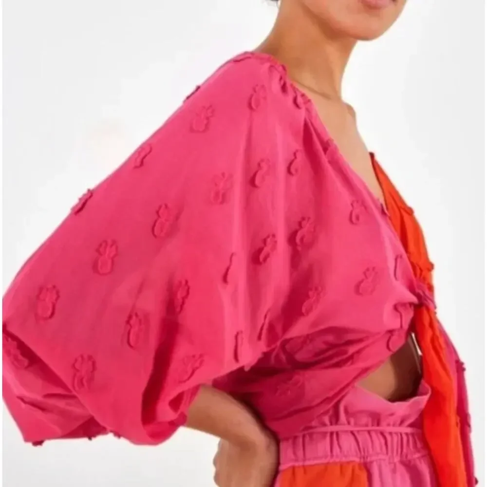 Farm Rio pink & red puff sleeve wrap blouse